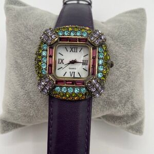 LA Vintage Leather Gemstone Womens Watch Purple Gold Tone Deco Style